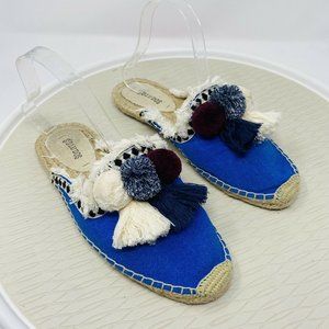 Soludos Slip On Shoes 7.5 Pom Pom Mule Blue Frayed Embellished Canvas Vegan